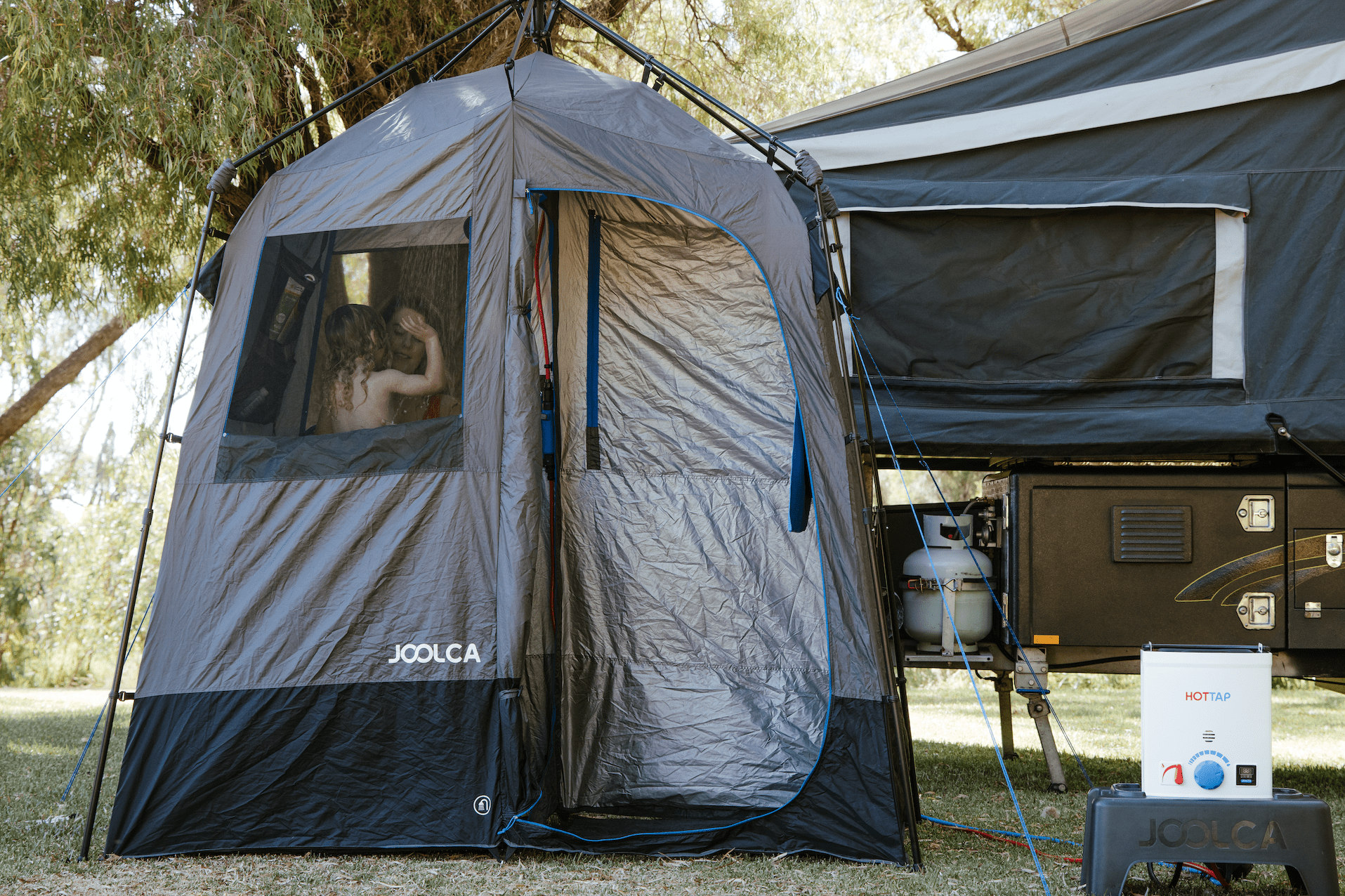 ENSUITE Double set up beside a camper trailer with a HOTTAP