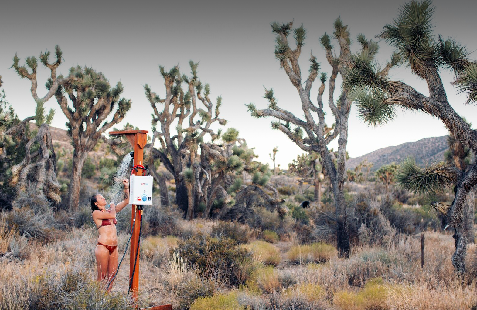 Person in a bikini standing next to a surveying instrument in a desert landscape with Joshua trees.