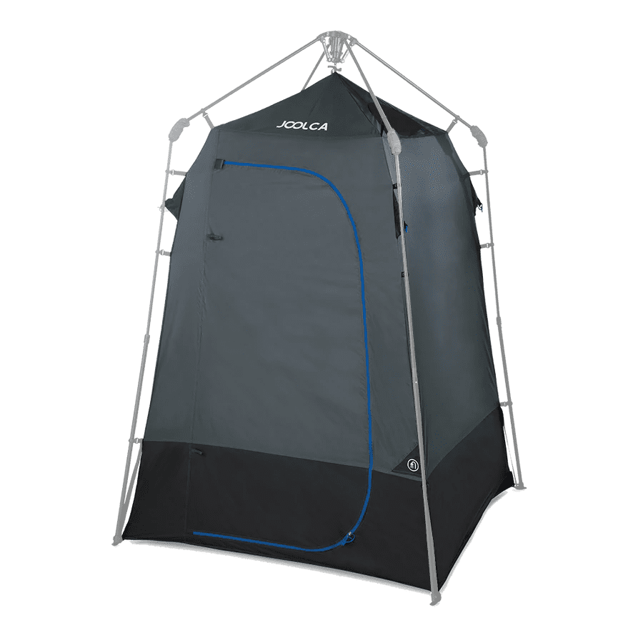 ENSUITE Single inner tent in grey with a blue zip door, set up on its frame