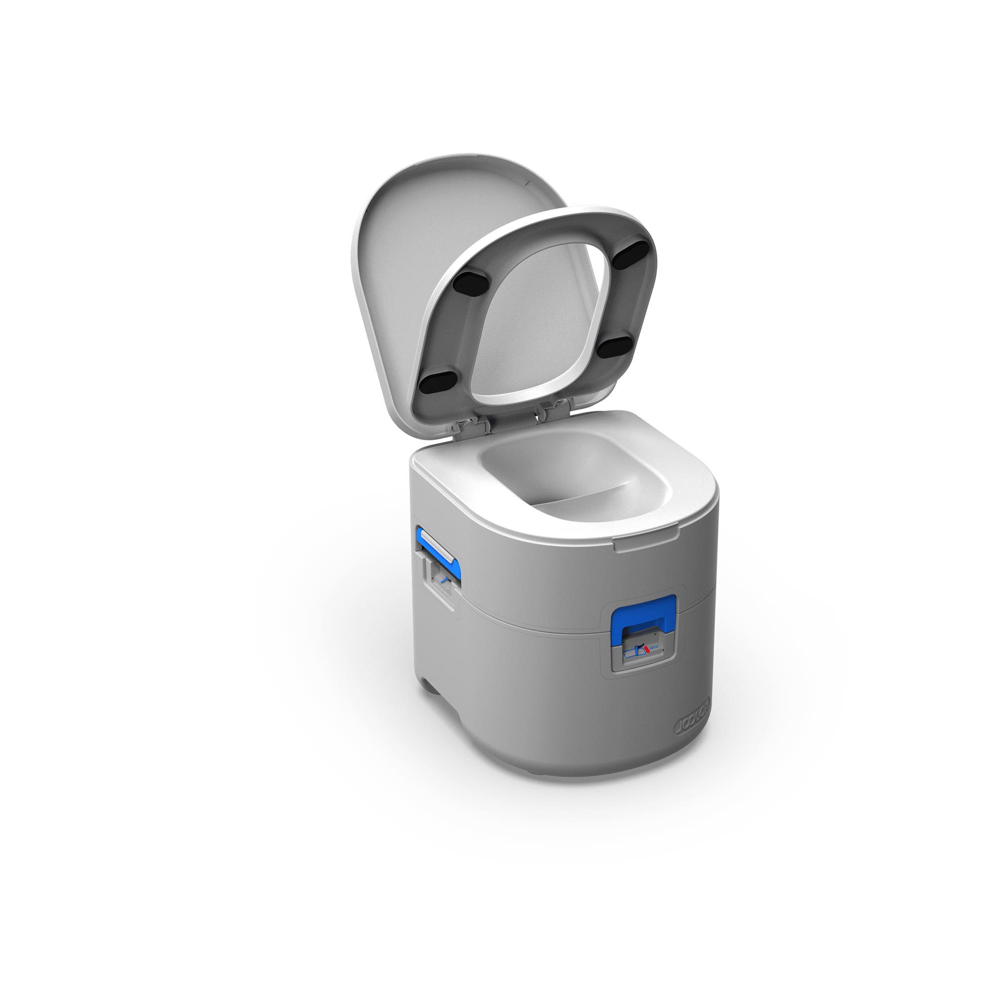 GottaGo portable toilet with lid open, gray and blue design