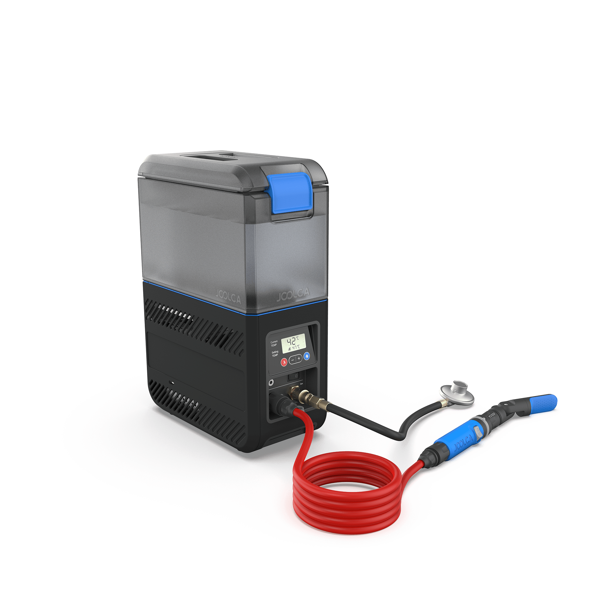 HOTTAP Go portable instant hot water system by Joolca with integrated 12L tank, pump, and burner, featuring a coiled red hose and blue nozzle for outdoor hot showers.