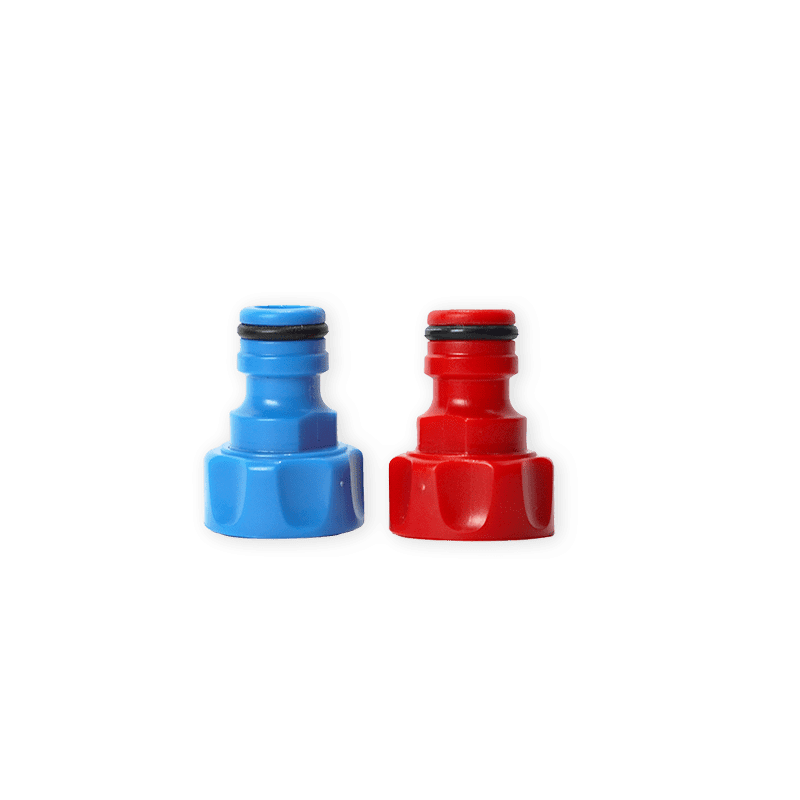 Blue and red male tap adapters, side by side