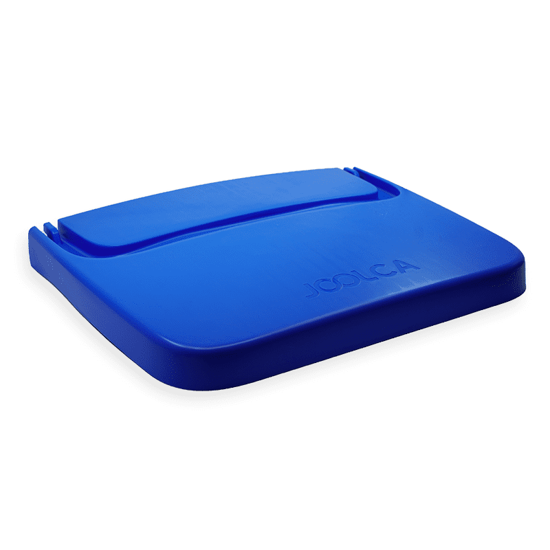 Blue Nomad tub lid with the Joolca logo, seen from an angle